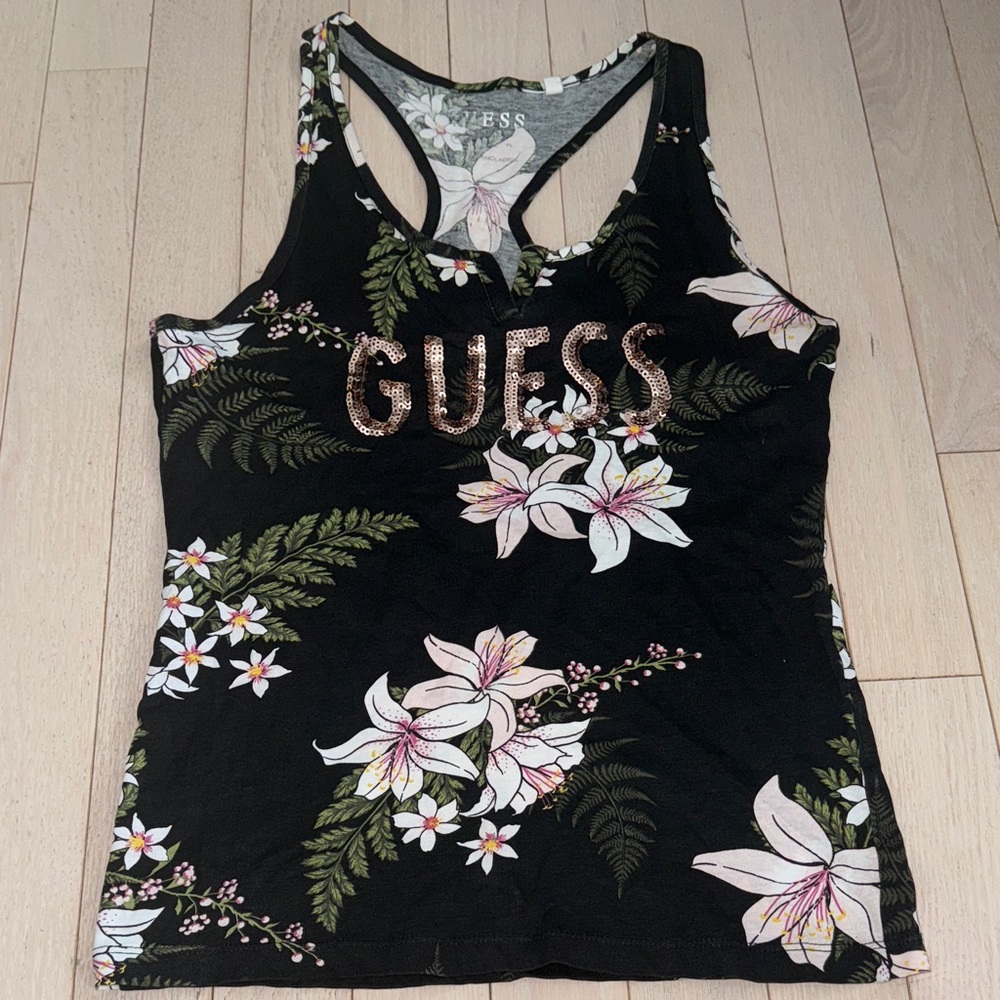 GUESS Women’s Black Floral Tank Top with Pink and Green Accents